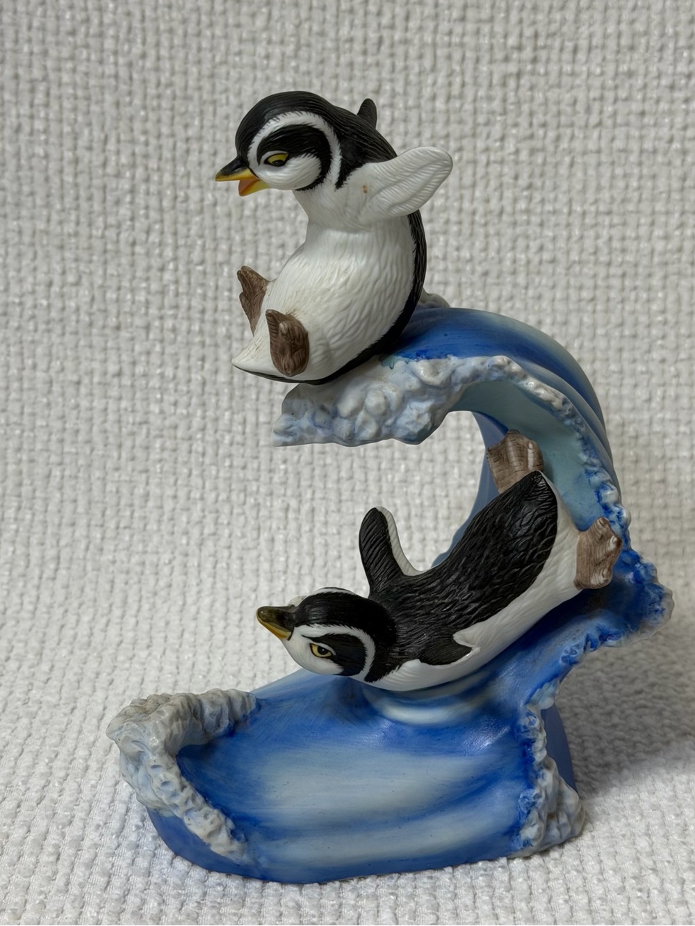 Franklin Mint Bird Penguin Sculpture Figurine "Whoosh" Surfing On Water Wave